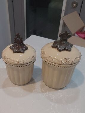 Cream Decorative Ceramic Canister Set with Ornate Metal Lids